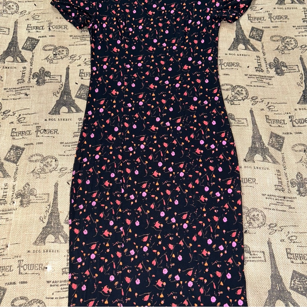 Free People NWOT! Black Pink Floral Puff Sleeve Crew Neck  Midi Stretch Dress - Picture 4 of 16